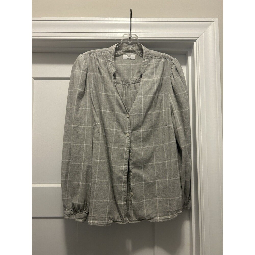 Untuckit Women’s Button Up Blouse Gray Plaid V-neck Long Sleeve Shirt Size Large